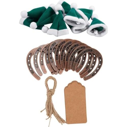 10Pcs Mini Christmas Hat Santa Claus Hat Xmas Apple Wine Bottle Caps & 10Pcs Good Lucky Horseshoe Favors With Kraft Tags