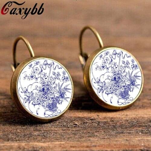 2016 fashion yoga earring jewelry om symbol buddhism,zen, charm 18mm blue glass cabochon earrings jewelry for women