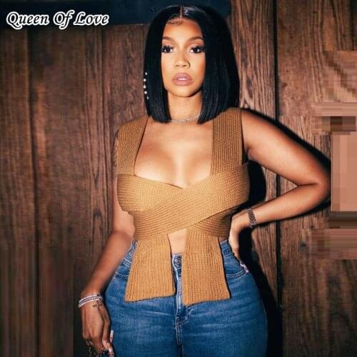 2021 Summer Knitted Crop Top Sweaters Sleeveless Pullover Female Cross Bandage Sweater Solid Chic Hollow Out Y2K Tops Women