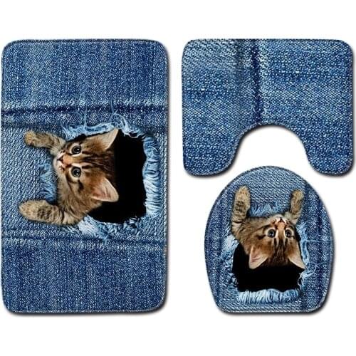 3 Pcs Bathroom Rug And Mat 3D Animal Cat Non-slip Bathroom Mat Set Coral Fleece Shower Toilet Room Carpet Rugs Bath Mats Set