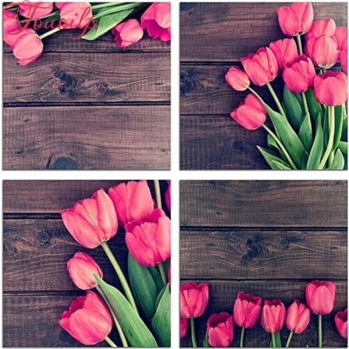 DIY Diamond Embroidery 4pcs Floral Still Life Pink Tulip Flower Diamond Painting Cross Stitch Kit Rhinestones Mosaic Home Decor