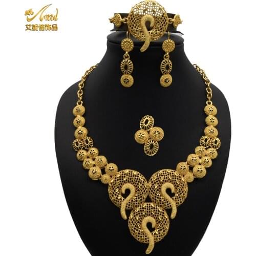 Bridal Necklace Sets For Women Earrings Indian Jewelery Set Gold Rings African Bracelet Accessories Wedding Bridesmaid Gift 4pcs