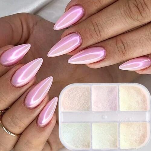 6 Grids Aurora Nail Powder Glitter Chrome Mirror Pearl Shell Rubbing Pigment Dust Nail Art Decorations Charm Manicure LE1909-12