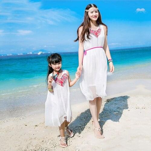 Authentic Mother Daughter Dresses with Belts Folk Style Embroidery Dress 2020 White Family Clothing Summer Beach Chiffon Dress