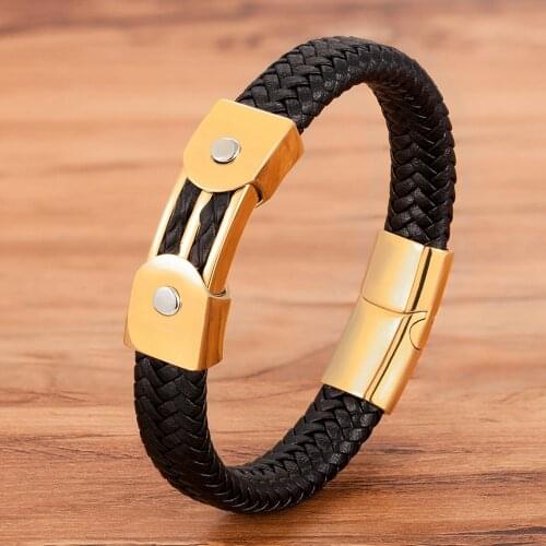 Trendy Mens Hand Bracelets Gold Black Braided Genuine Leather Stainless Steel Magnetic Buckle Bracelet Punk Bangles Wholesale