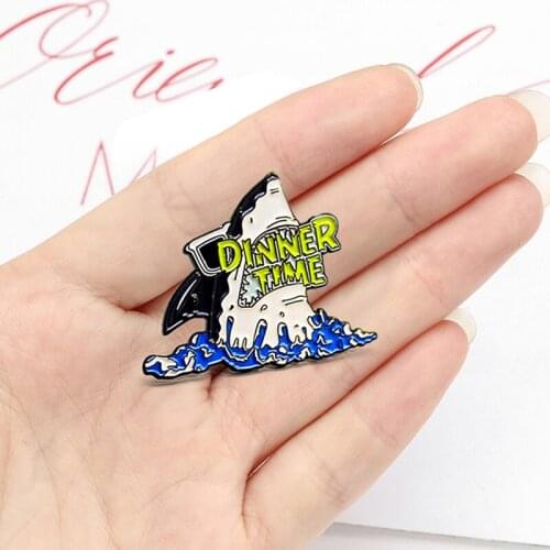 Cute Grey Big Shark Brooch DINNER TIME Whale Shark Enamel Pins Denim Lapel Fish Badge For Friends Kid Gifts Jewelry