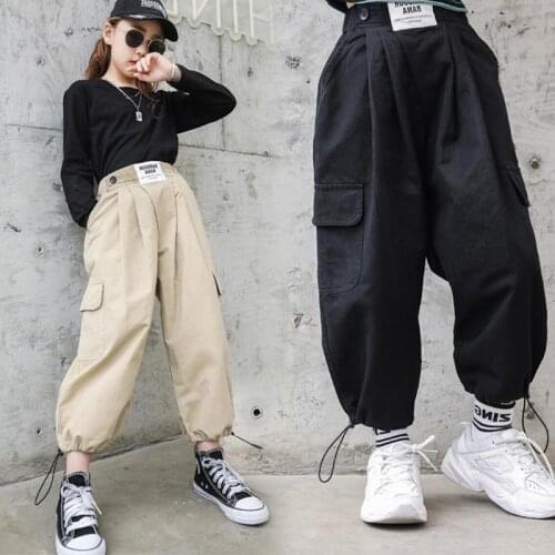 Children Kids Cotton Hip Hop Sweatpants Trousers Wide Leg Harem Cargo Pants For Girls Jazz Dance Costume Clothes Beige Black New