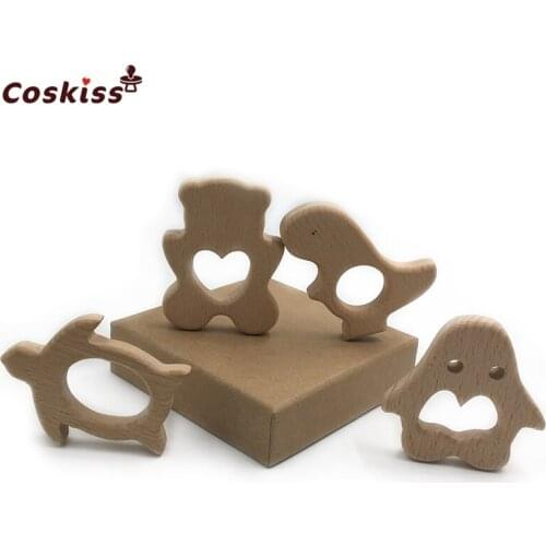 DIY Baby Teether Toys Organic Natural Beech Wooden Penguin-Polar bear-Sea turtle-Dinosaur Hand Cut Toy Baby Wooden Teether Gift