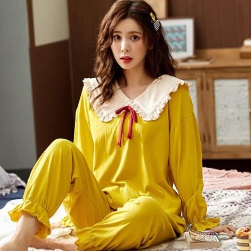 Bathrobe Cotton Pajamas Womens Long-sleeved Spring and Autumn Casual Simple Two Suits Cute Sweet Princess Style Home Clothes