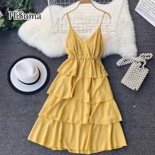 HISUMA 2020 summer new women chic V-neck sling high waist layer ruffle puff dress female V collar elegant chiffon tiered dresses