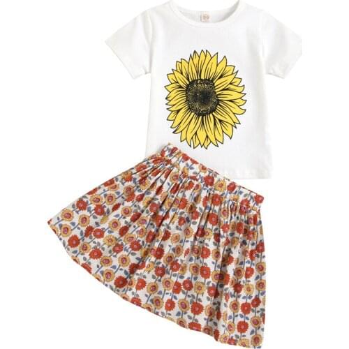 2021 0-6Y Boho Kids Baby Girl Clothes Set Sunflower Print Short Sleeve T-shirt+Floral A-line Skirt Summer Outfits 2pcs Outfits