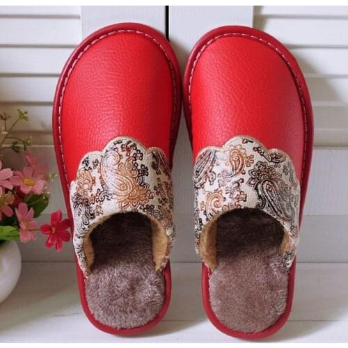 Leather Home Slippers for Women Winter Warm Plush Slippers Bedroom Unisex Men/Women House Indoor Shoes Couples Slipper WSH3770