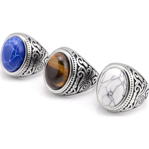 Fashion Big Tiger Eye Stone Rings For Man Silver Color 316L Stainless Steel Mujer Anillos Wedding Bands Party Jewelry