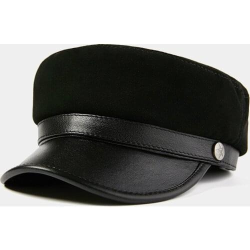 H7595 Fashion Sheepskin Military Hat Flat Top Young Students Navy Cap Men Women Genuine Leather Korean Warm Comfortable Caps