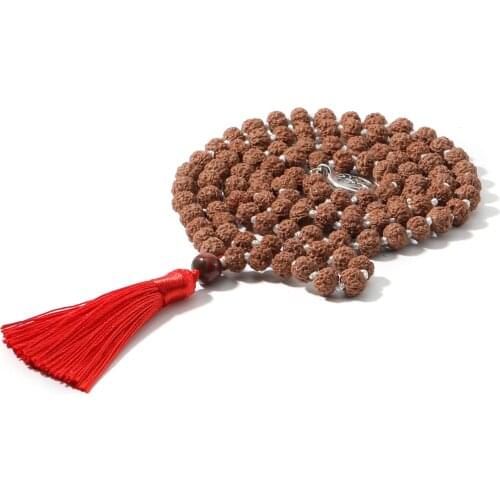 Natural Rudraksha Knotted 108 Mala Bead Necklace Meditation Yoga Declaration Blessing Prayer Red Tassel Pendant Jewelry