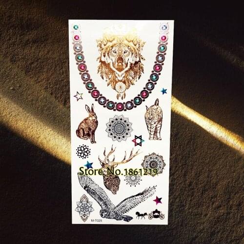 New Fashion Gold Wild Wolf Beast Temporary Tattoo Women Body Art Arm Tatoo Deer Animal Tiger Eagle Designs Metallic Flash Tattoo