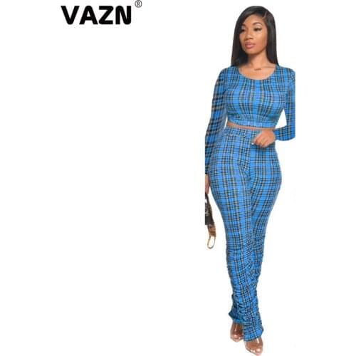VAZN New 2020 Casual Sexy O-neck Two Piece Set Plaid 2 Piece Set Women Full Sleeve Full Pant Autumn Sets