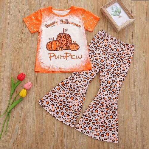 2021 New Halloween Wear Girl’s T-shirt and Trousers Suits Fashion Pumpkin Short Sleeve Tops and Leopard Trumpet Long Pants
