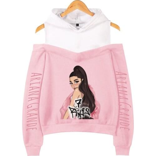 New kpop Print Ariana Grande Pink Off Shoulder Sweatshirts Women Fashion Casual Kawaii Hoody Ariana Grande Off Shoulder Hoodies