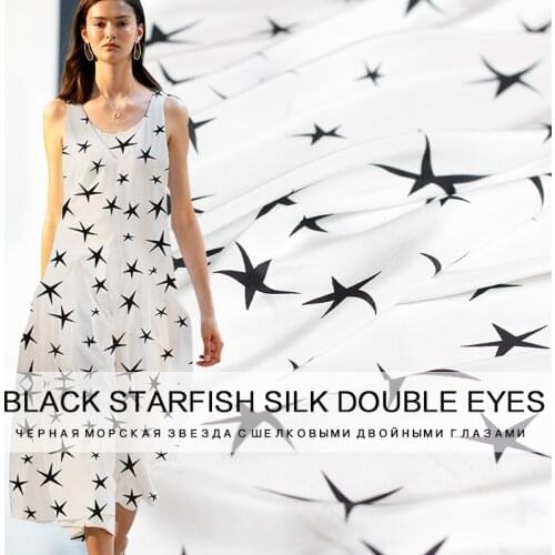 Pearlsilk 12momme Starfish Printed Crepe de Chine 100% Silk Materials Shirt Dress DIY clothes fabrics Freeshipping
