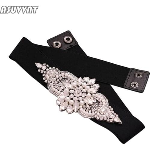 Fashion Rhinestone Belt For Bride Wedding Dress Stretch Flowers Belt Dress Waist Seal Elastic Belt For Women Girl Party