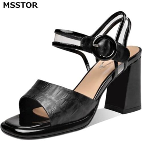 Transparent Blue Buckle Strap Square Heels Peep Toe Plus Size Retro Summer Shoes Women Casual Fashion Platform Sandals