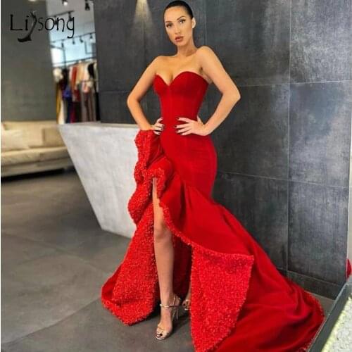 Unique Red Asymmetrical Long Evening Dresses Ruffles Split Prom Gowns Off The Shoulder 2020 Trend Party Dresses