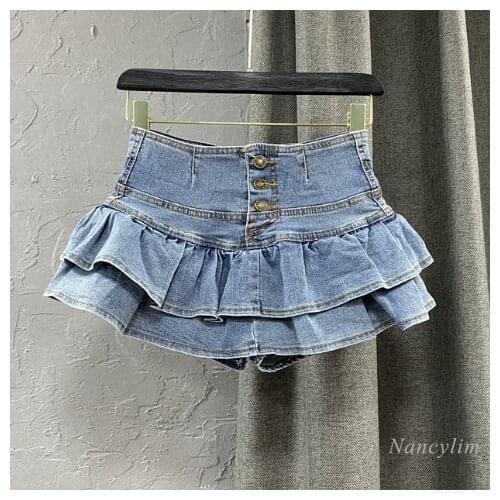 High Waist Single-Breasted Ruffles Cake Denim Skirt Woman 2021 Spring Summer New Bubble Jeans Skirts Girls Students Fit