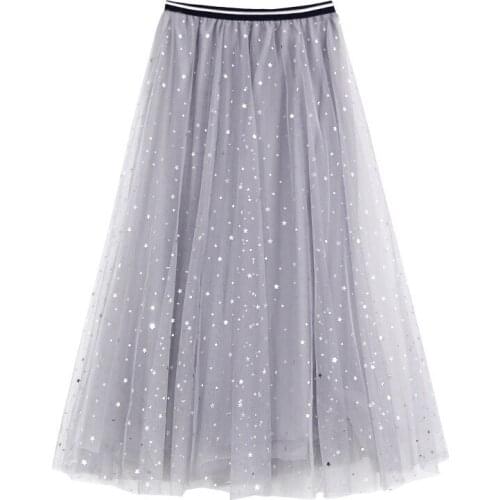 Womens Fashion Tulle Skirts Spring Long Beautiful Star Skirt Office Ladies Elegant Clothing Female Mesh Cloth LWL211