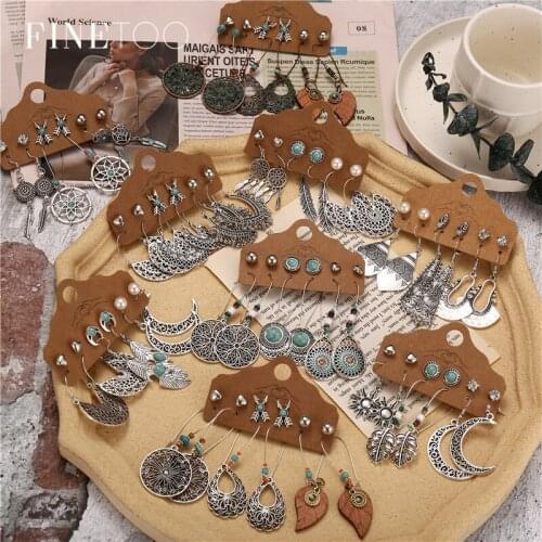 Boho Vintage Filigree Flower Feather Moon Drop Dangle Earrings Set Antique Silver Color Geometric Vintage Earrings for Women