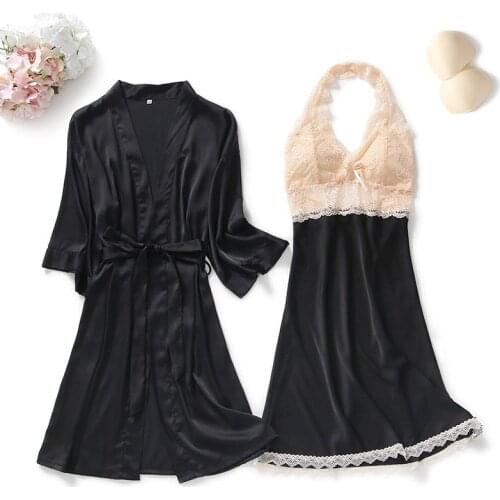 Black Lace Women 2PCS Robe Set Casual Intimate Lingerie Kimono Bathrobe Gown Satin Summer New Sleep Set Sexy Intimate Lingerie