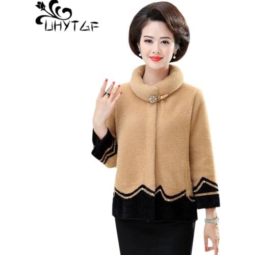 UHYTGF Winter coats women Quality mink cashmere short wool coat Diamond Cashmere elegant women coat Casual 4XL Plus Size top 813