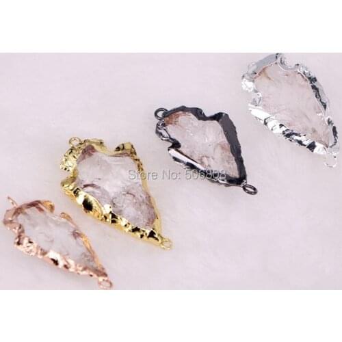 ZYZ-4803 10PCS Nature Clear Crystal Quartz Arrowhead Connector Beads with Electroplated Stone Beads