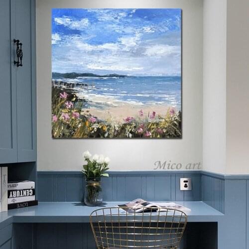 100% Handpainted Seaside Landscape Painting Beautiful Flowers Oil Painting Bright In Colour Strong Contrast Abstract Painting