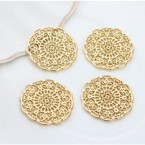 30mm 6pcs/lot Gold Metal Zinc Alloy Charms Hollow Round Flowers Shape Charms Connector For Necklace Earring Accessories