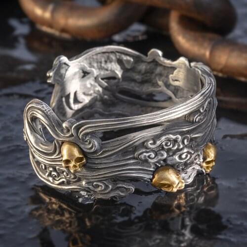 999 STERLING SILVER MENS CUFF BRACELET RIDER BIKER HEAVY PHANTOM SKULL HANDMADE