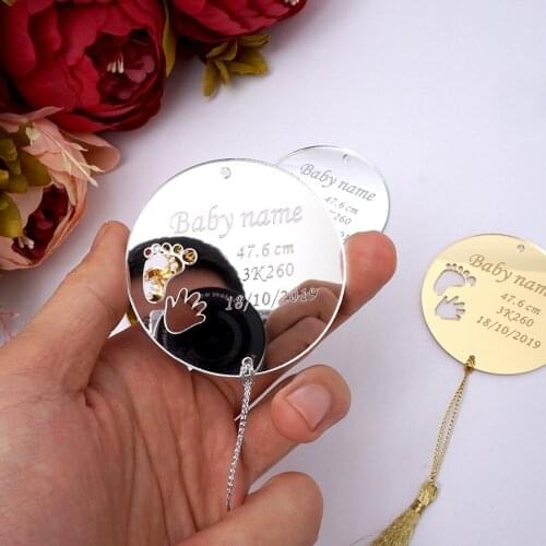 20 Pieces Custom 6cm Mirror Round Circle Tags Babyshower Personalized Invitation Card New Baby Born Party Decor With Tassel