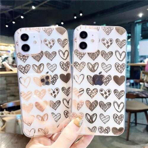 Electroplating Golden Love Heart Phone Case For iPhone 11 12 Pro X XR XS Max 7 8 Plus SE 2020 Clear Shockproof Soft IMD Cover