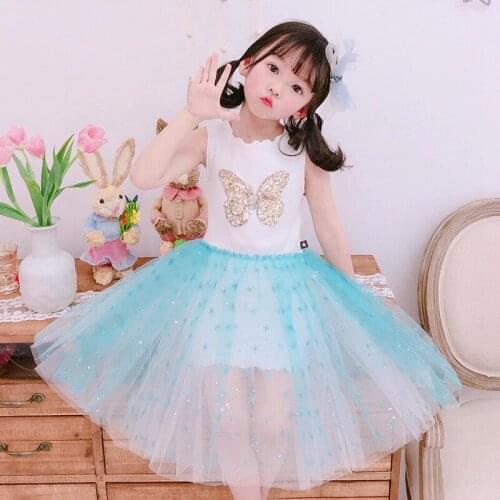 Baby Girls Vest Dress 2021 Summer Kids Cute Princess Dresses Net Yarn Splicing Tutu Dress For Girl Toddler Butterfly Vest Dress