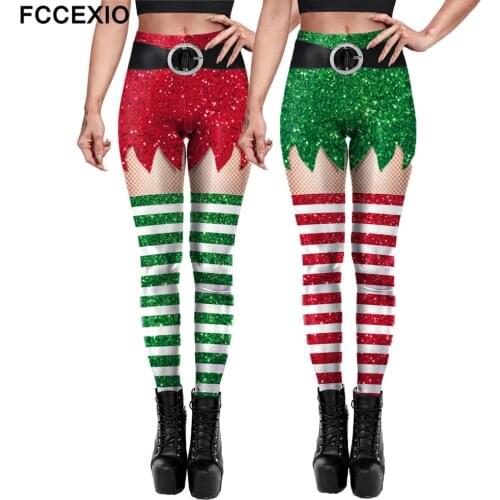 FCCEXIO Christmas Stripe Pattern Print High Waist Legging Womens Fitness Leggings Push Up Stretch Sexy Leggins Mujer XMAS Gift