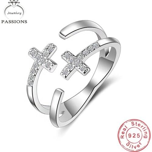 New Fashion 925 Sterling Silver Cross Wishbone Rhinestone CZ Rings Adjustable Double Layers Zircon Ring Women Trend Jewelry Gift