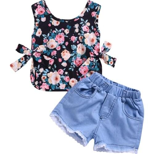 Baby Girls Clothes Set Summer Sleeveless Print T-shirt For Girls Denim Shorts Fashion Newborn Baby Clothing Set Beach T-shirt