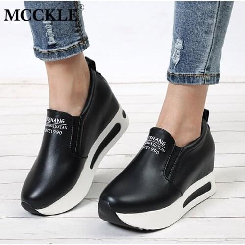 MCCKLE Autumn Women Creepers Increasing Height Shoes Womens Casual Slip on Moccasins Platform Woman Elastic Band Footwear