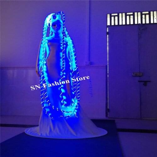 MD9 Ballroom dance led costumes stage wears luminous blue light long dresses singer grimace skirt party performance outfit disco