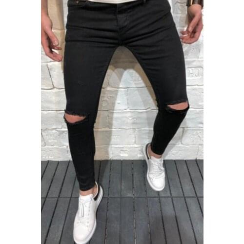 Spring and autumn new knee hole washed men denim trousers skinny casual pencil pants plus size solid color cotton men jeans