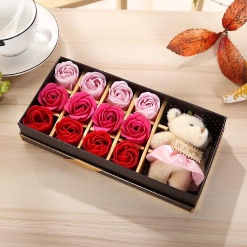 12 Roses with Cute Bear Doll Set Scented Bath Soap Rose Soap Flower Petal with Gift Box for Wedding Valentines Day Love Gift