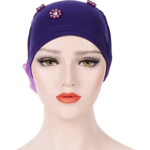 NEW 2021Four Seasons Fashion Ladies EuropeanPan Oversized Flower Headscarf 10 Color Muslim Beaded Baotou Cap