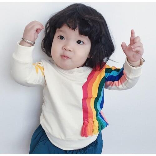 Autumn winter wear boys girls childrens clothing rainbow tassel tops tees 1...5 ages sun pattern long sleeved stripe T-shirt