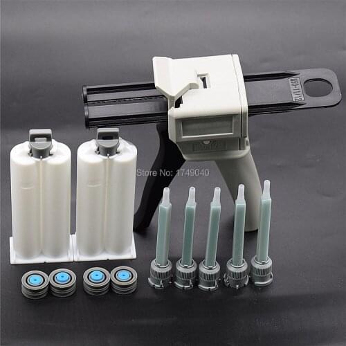 50ml AB Glue Gun Manual Caulking Gun Glue Adhensive Dispenser with 5pc AB Mixed Tube 2pcs 50ml 1:1 Empty Dual-Barrel Cartridge