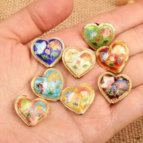 Handmade Fancy Enamel Heart Love Loose Beads Cloisonne Filigree Accessories DIY Jewellery Making Pendants Earrings Bracelet 5pcs
